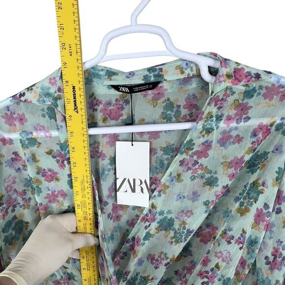 Zara NWT Womens S Floral Wrap Blouse Bell Sleeves Fairy Pastel Chiffon Crop Top - Picture 10 of 15